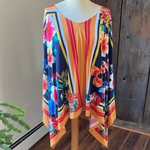 Colleen Lopez, 1X tropical colorful, kimono, short sleeve vacation resort top